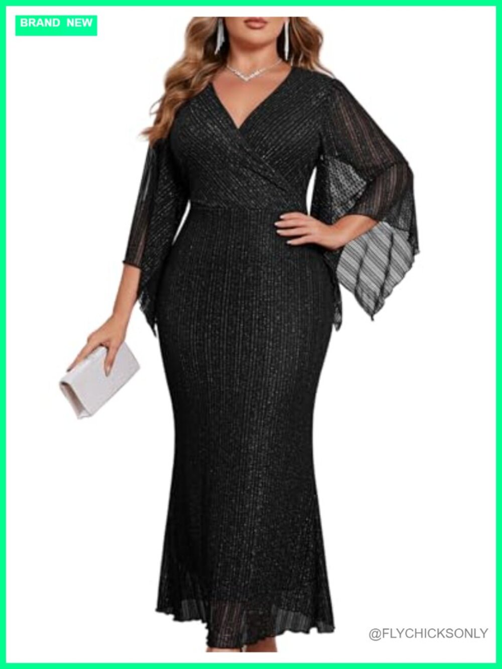 Plus Size Sparkly Lace Mermaid Maxi Dress V Neck Formal Evening